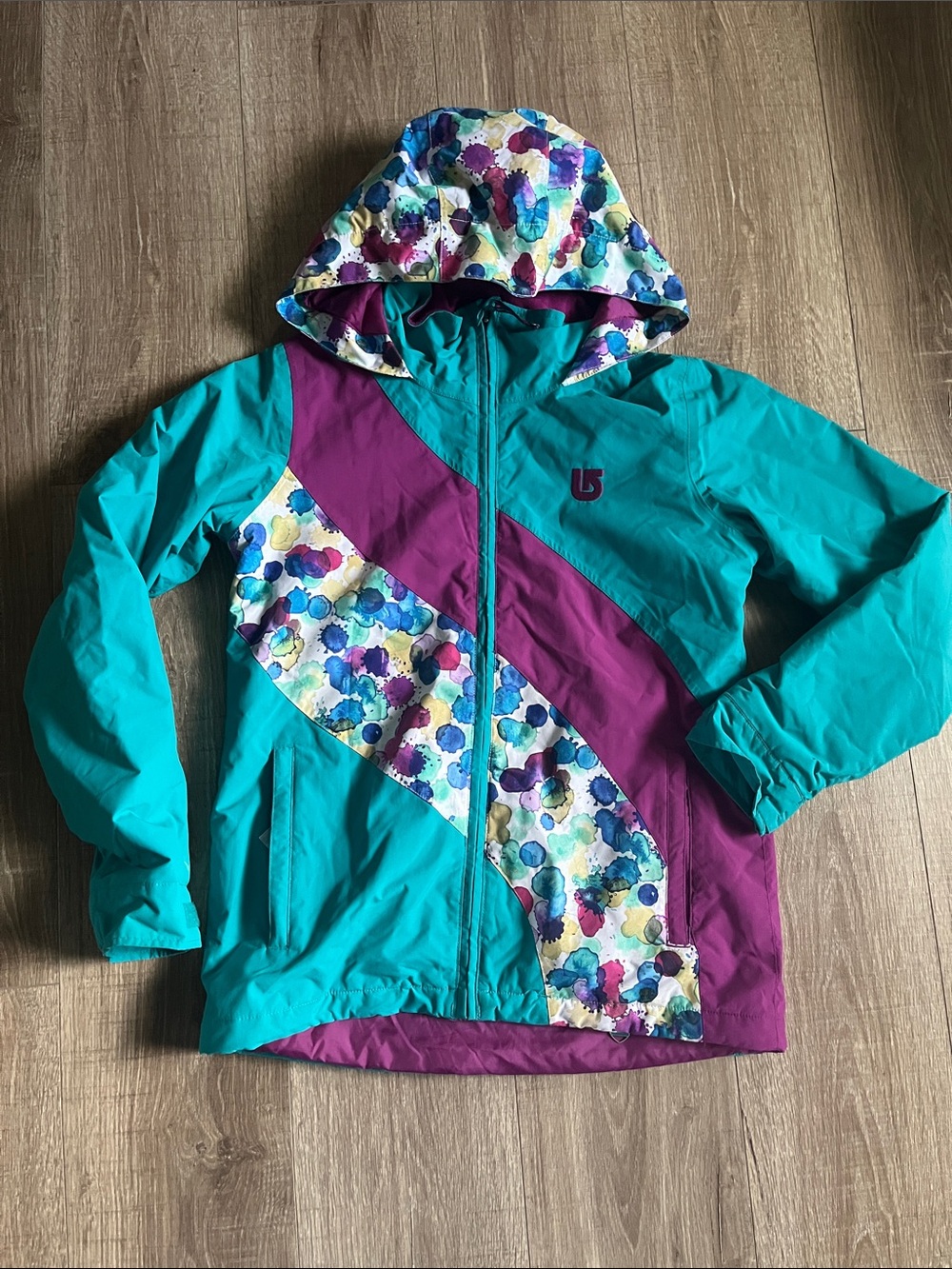 Burton Teal & Purple Kids' Hooded Winter Jacket with Watercolor Spot Print